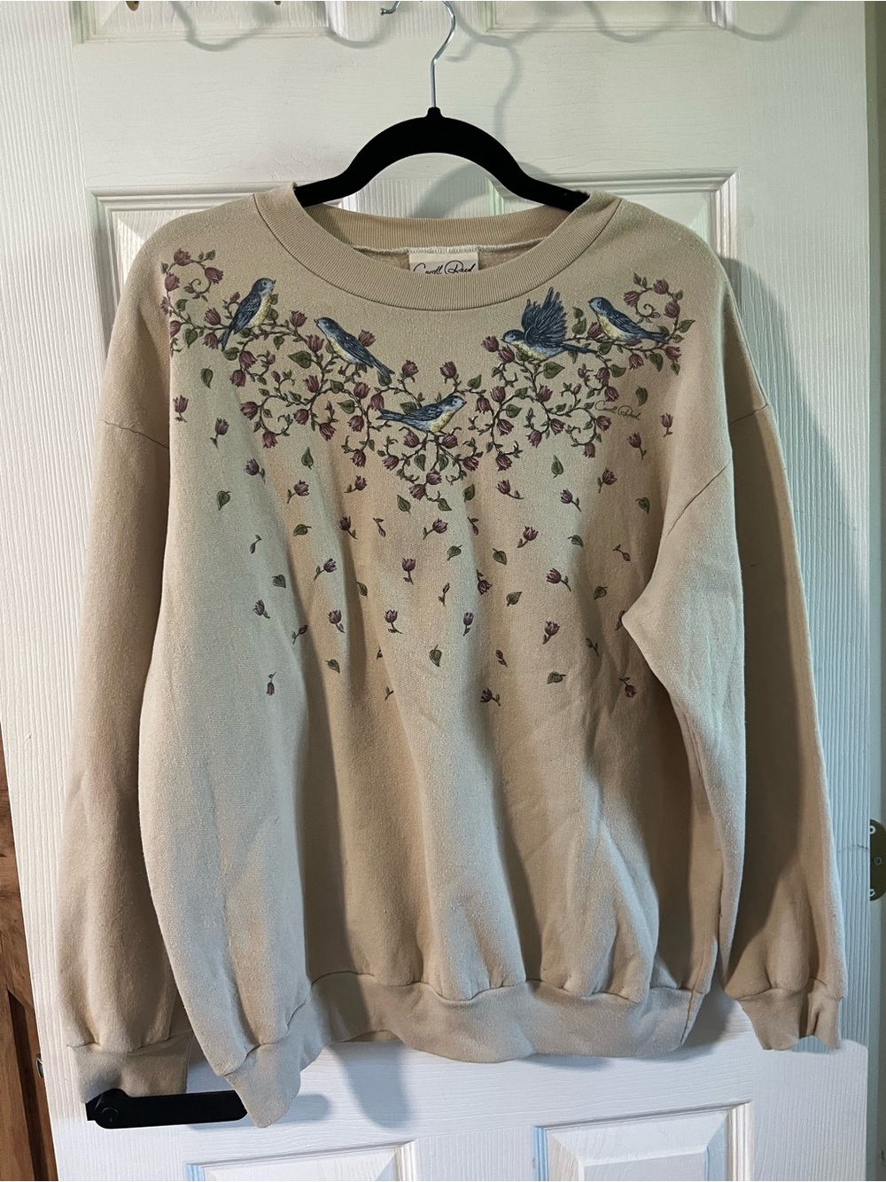 Vintage Carroll Reed Beige Bird & Floral Print Crewneck Sweatshirt Cottagecore